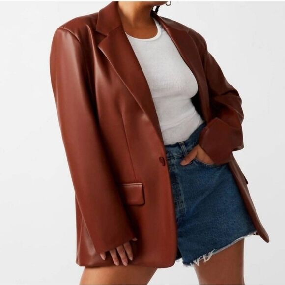 STEVE MADDEN Faux Leather Blazer in Cognac Oversized Fit Heavyweight Women's L - Picture 1 of 6